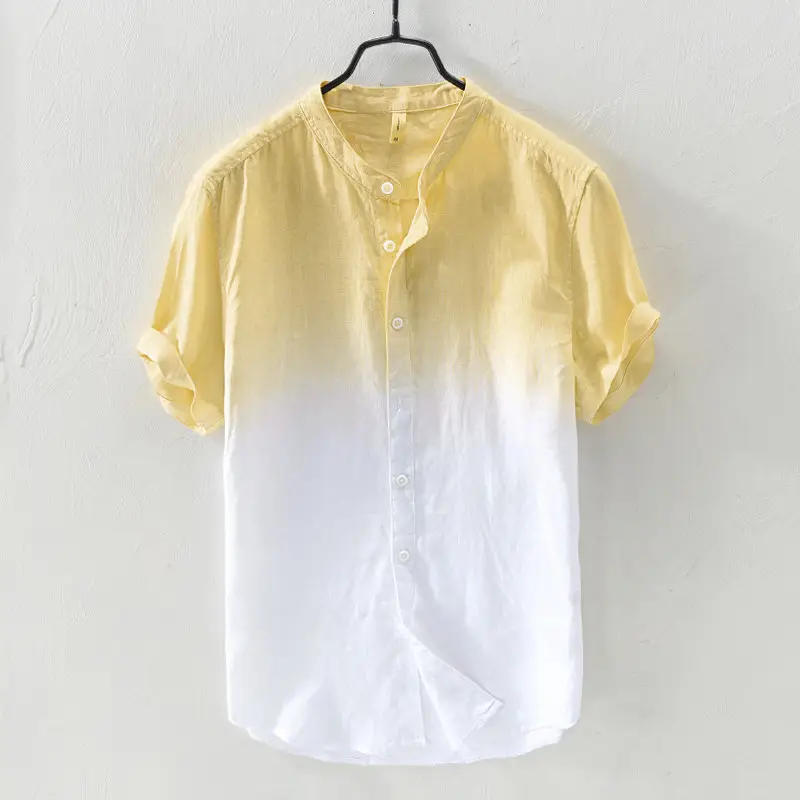 Men Digital Gradient Cotton Linen Shirt Blue White - Image 8