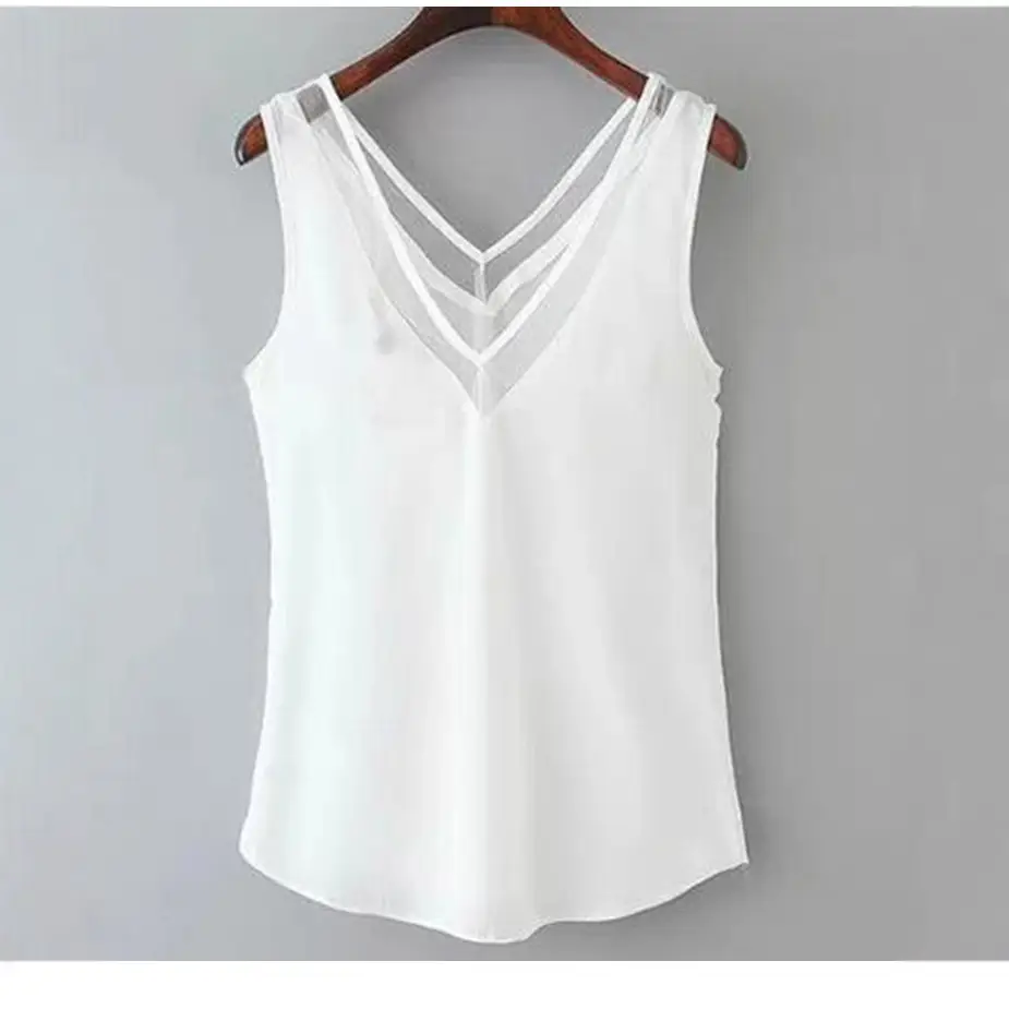White Sleeveless V Neck Chiffon T-Shirt Large