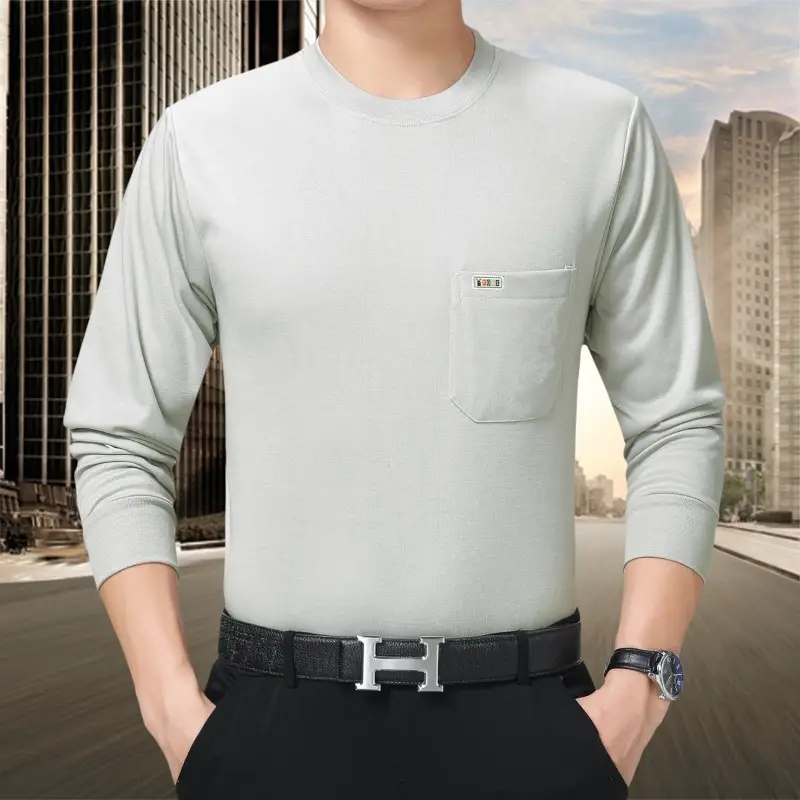 Men Grey Cotton Crew Neck T-Shirt with Pocket - Image 9
