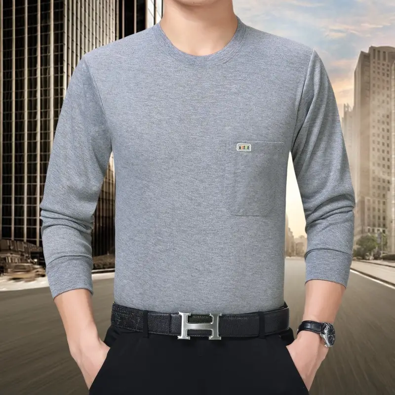 Men Grey Cotton Crew Neck T-Shirt with Pocket - Image 4
