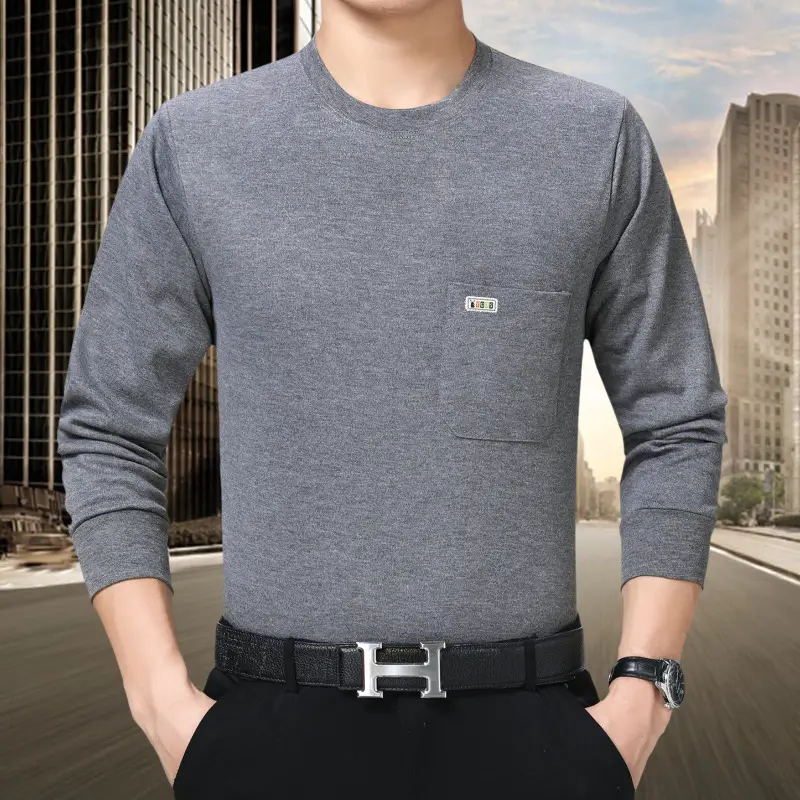 Men Grey Cotton Crew Neck T-Shirt with Pocket - Image 7