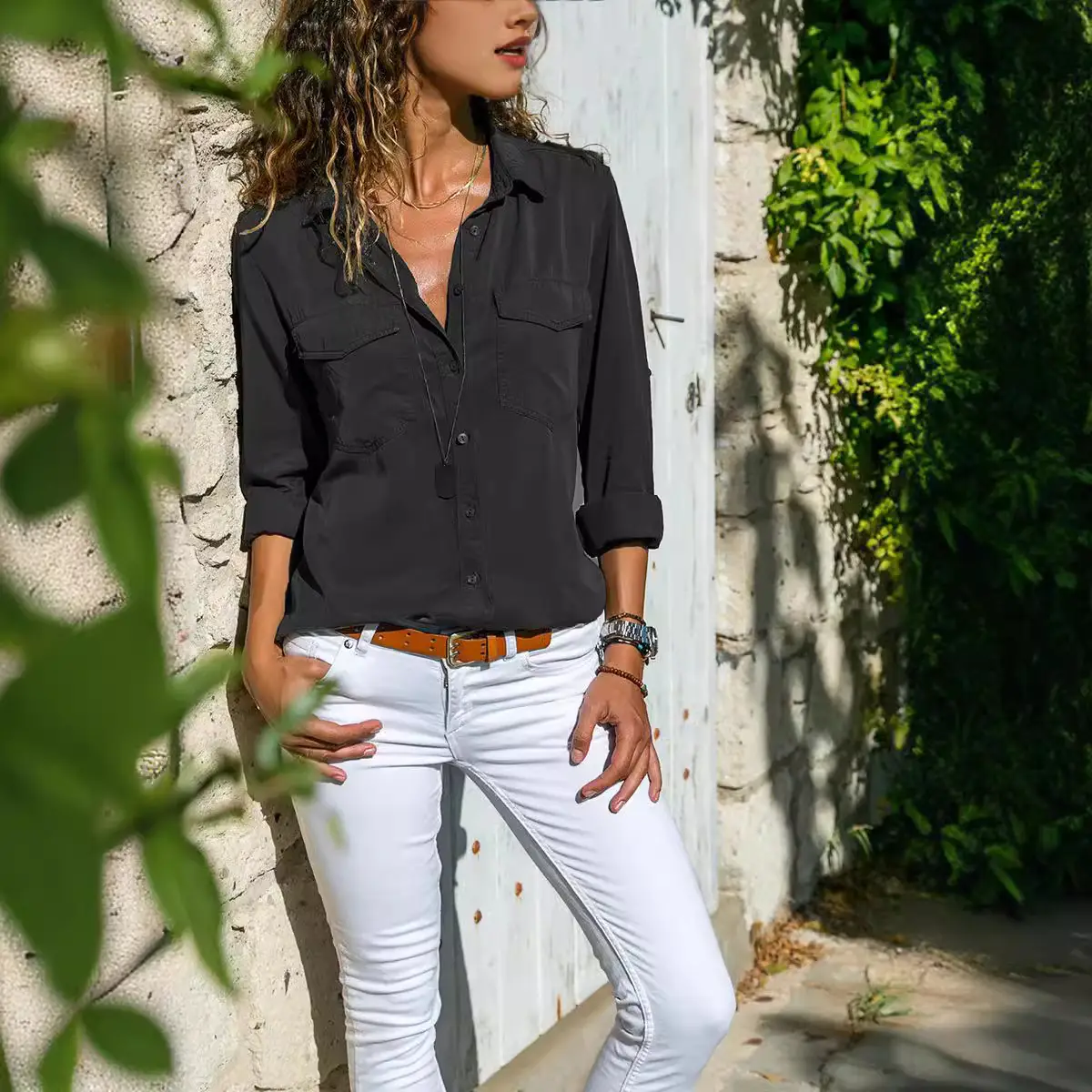 Women's Pink Lapel Shirt with White Jeans Set - Image 7