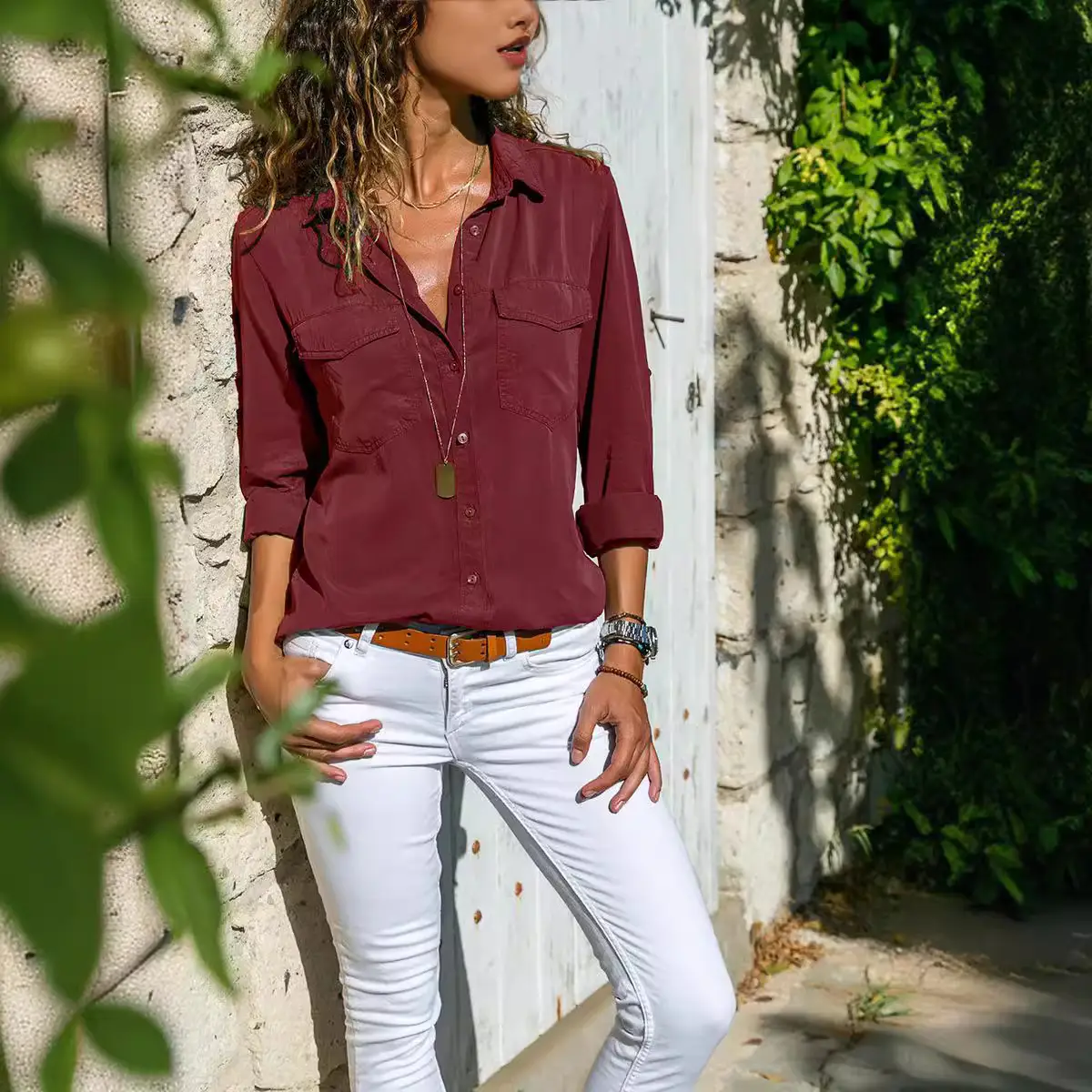 Women's Pink Lapel Shirt with White Jeans Set - Image 8
