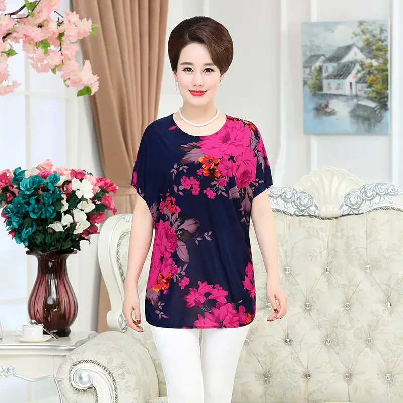 Ice Silk Cotton Floral T-Shirt for Women Summer Loose Fit