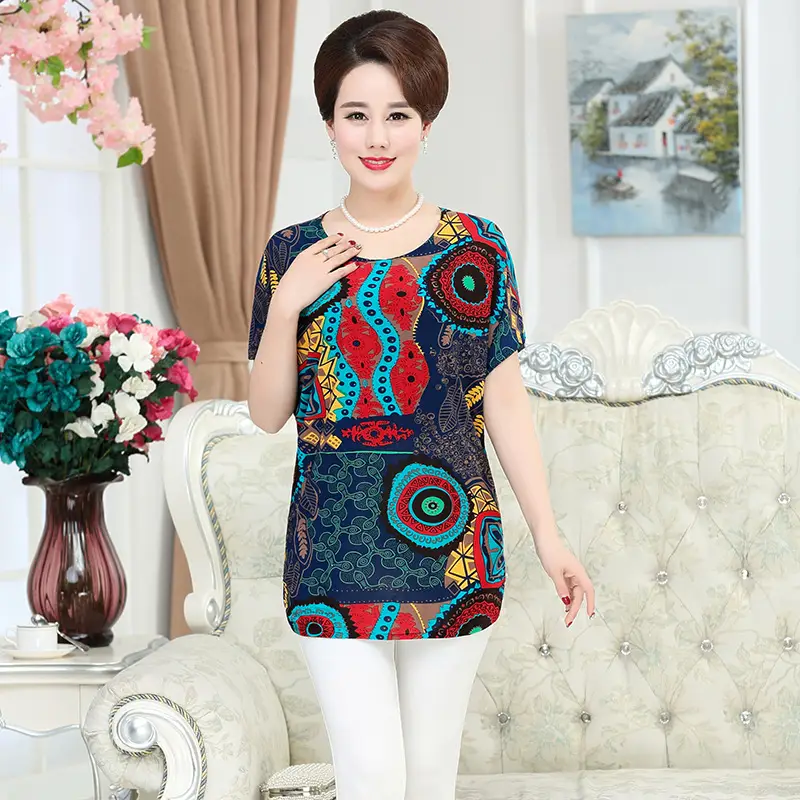 Ice Silk Cotton Floral T-Shirt for Women Summer Loose Fit