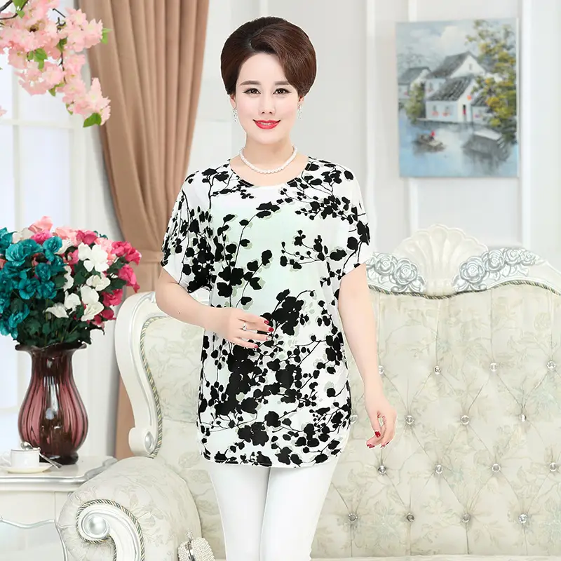 Ice Silk Cotton Floral T-Shirt for Women Summer Loose Fit