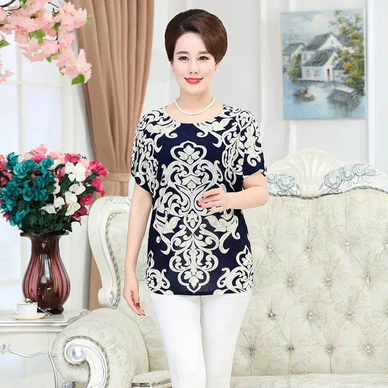 Ice Silk Cotton Floral T-Shirt for Women Summer Loose Fit