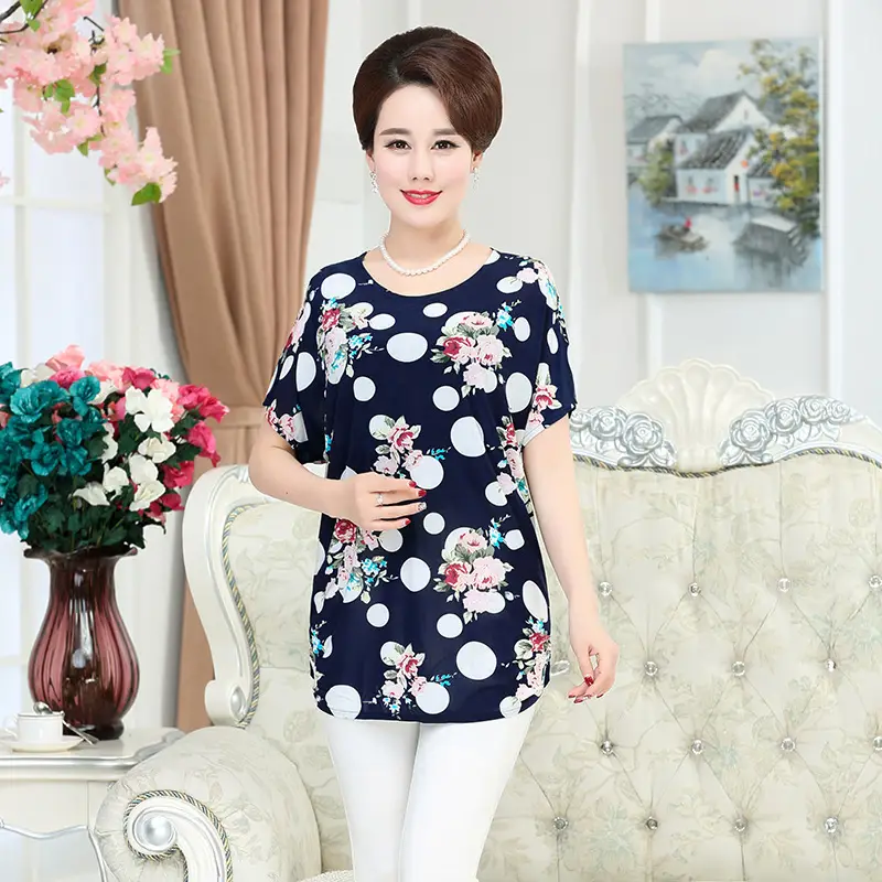 Ice Silk Cotton Floral T-Shirt for Women Summer Loose Fit