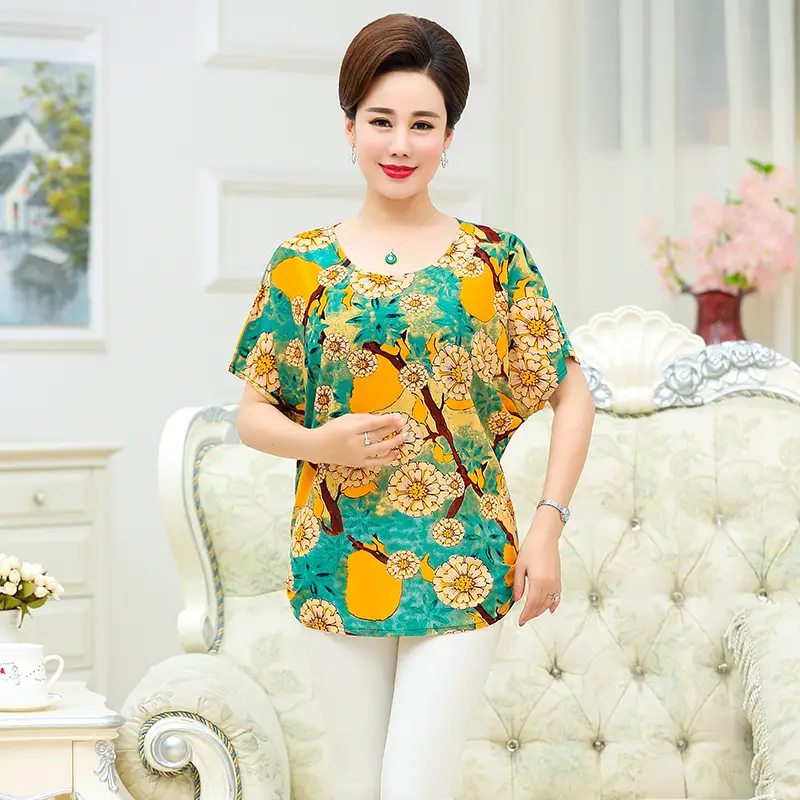Ice Silk Cotton Floral T-Shirt for Women Summer Loose Fit