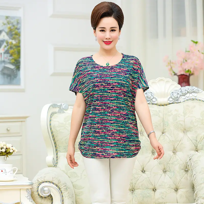 Ice Silk Cotton Floral T-Shirt for Women Summer Loose Fit