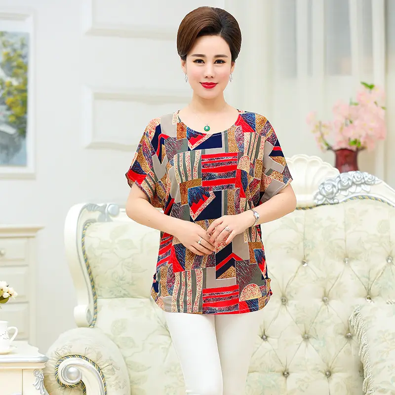 Ice Silk Cotton Floral T-Shirt for Women Summer Loose Fit