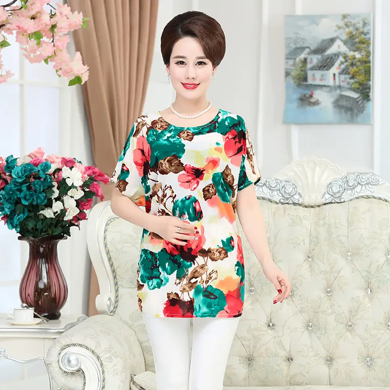 Ice Silk Cotton Floral T-Shirt for Women Summer Loose Fit