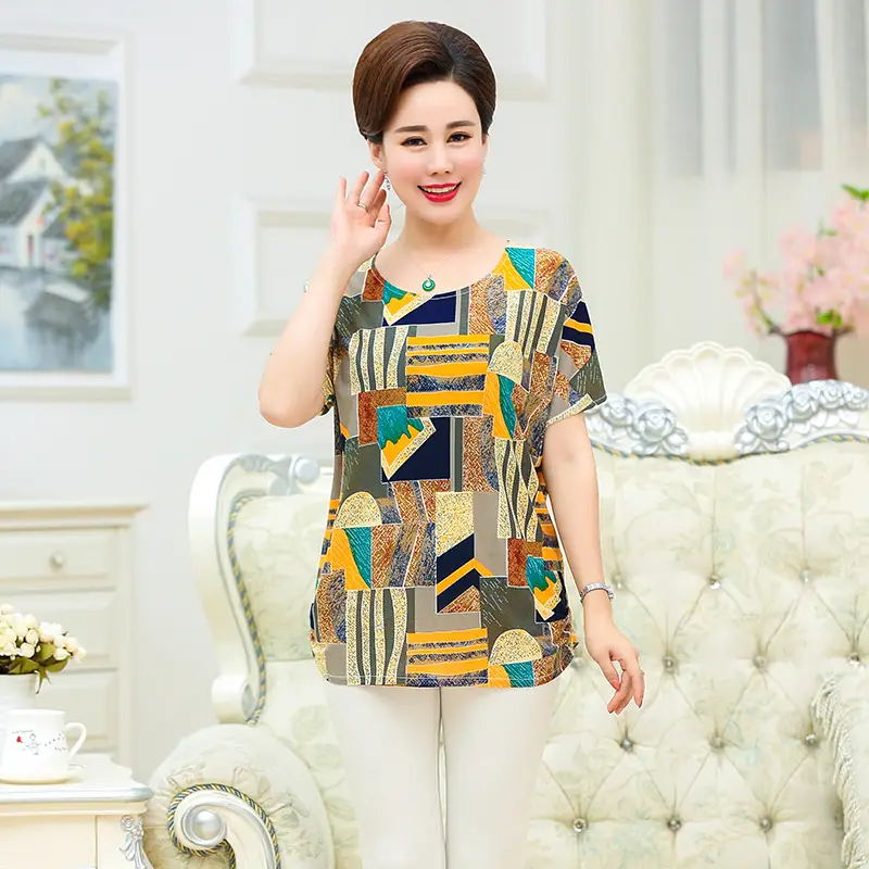 Ice Silk Cotton Floral T-Shirt for Women Summer Loose Fit