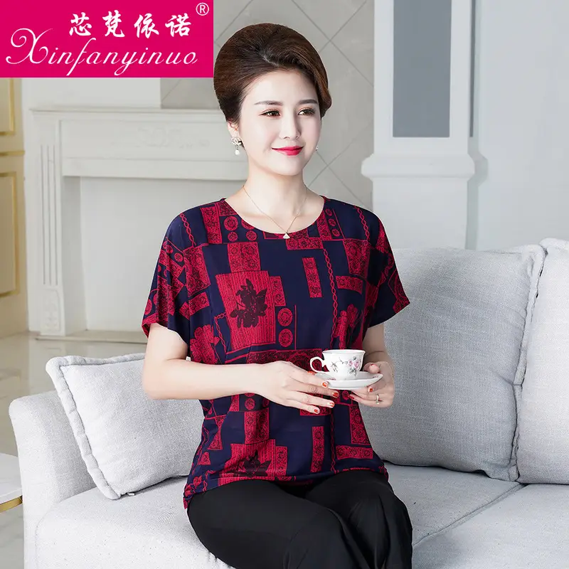 Ice Silk Cotton Floral T-Shirt for Women Summer Loose Fit