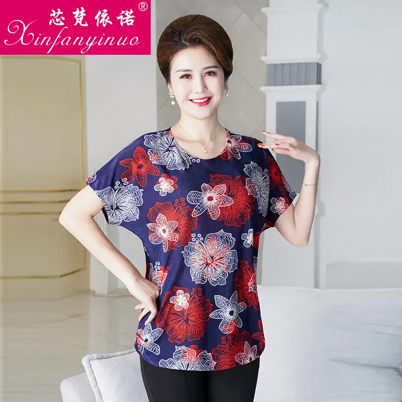 Ice Silk Cotton Floral T-Shirt for Women Summer Loose Fit