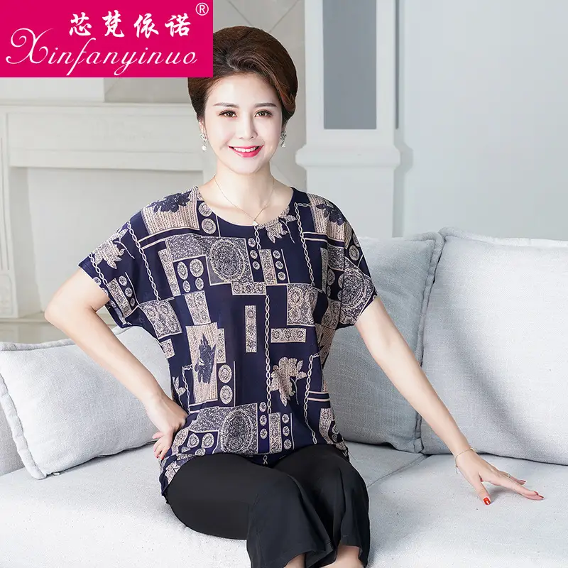 Ice Silk Cotton Floral T-Shirt for Women Summer Loose Fit