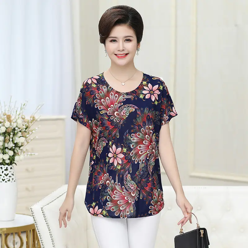 Ice Silk Cotton Floral T-Shirt for Women Summer Loose Fit