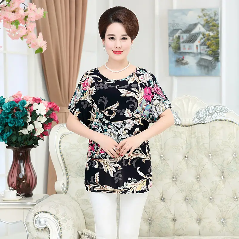 Ice Silk Cotton Floral T-Shirt for Women Summer Loose Fit