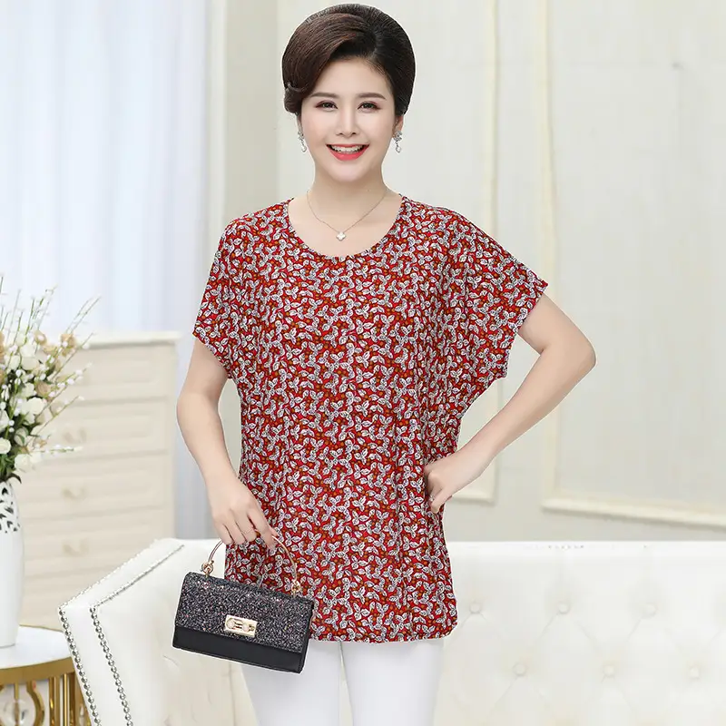 Ice Silk Cotton Floral T-Shirt for Women Summer Loose Fit