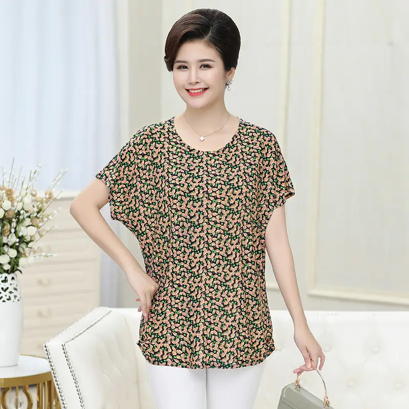 Ice Silk Cotton Floral T-Shirt for Women Summer Loose Fit