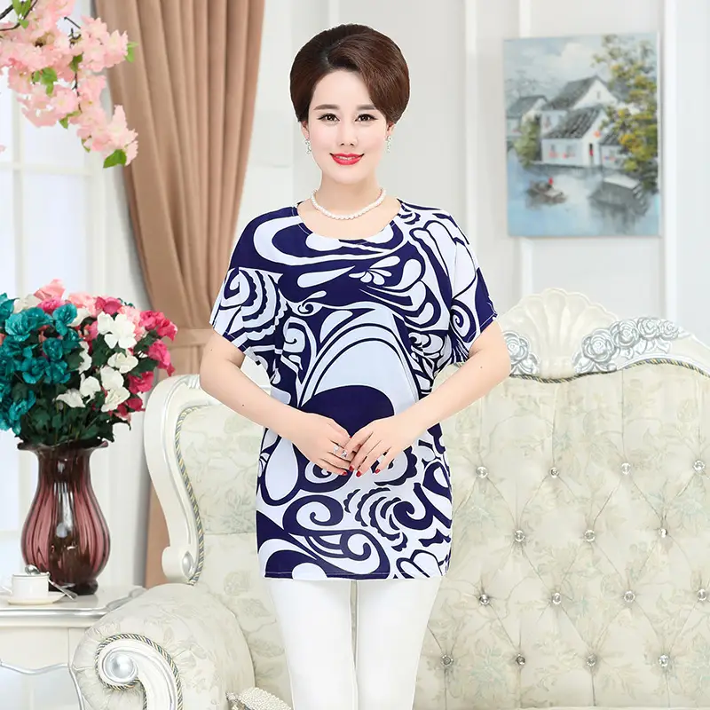 Ice Silk Cotton Floral T-Shirt for Women Summer Loose Fit