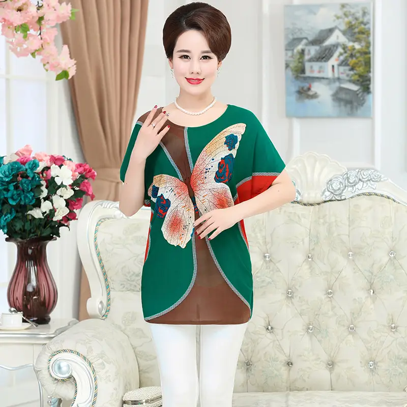 Ice Silk Cotton Floral T-Shirt for Women Summer Loose Fit