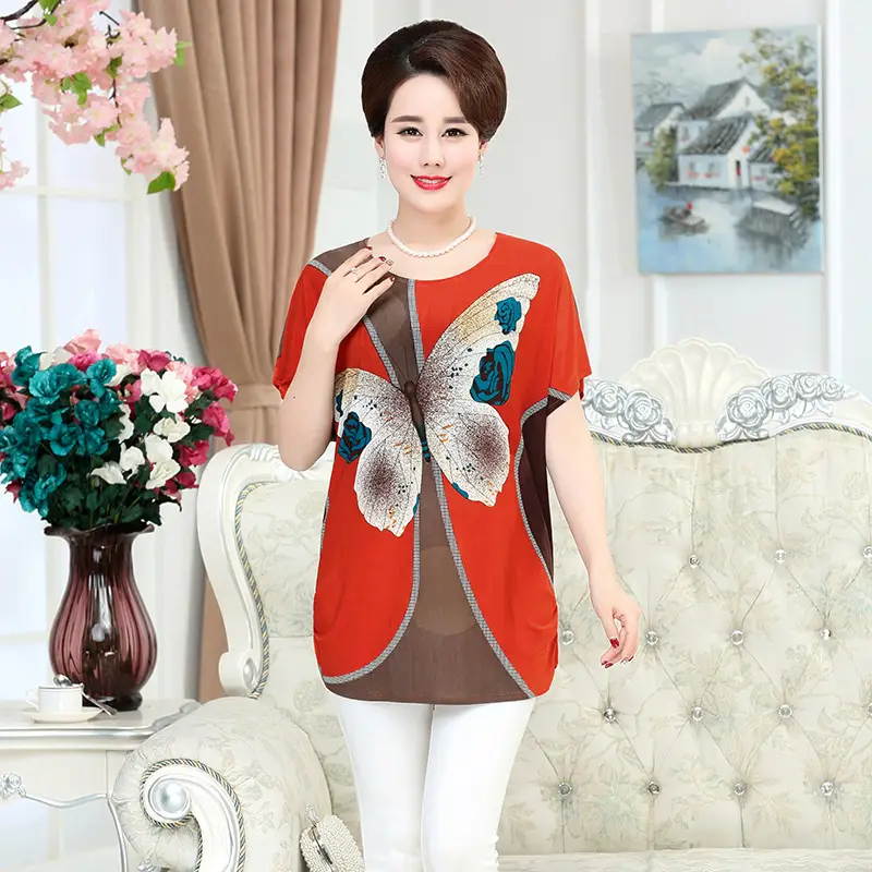 Ice Silk Cotton Floral T-Shirt for Women Summer Loose Fit