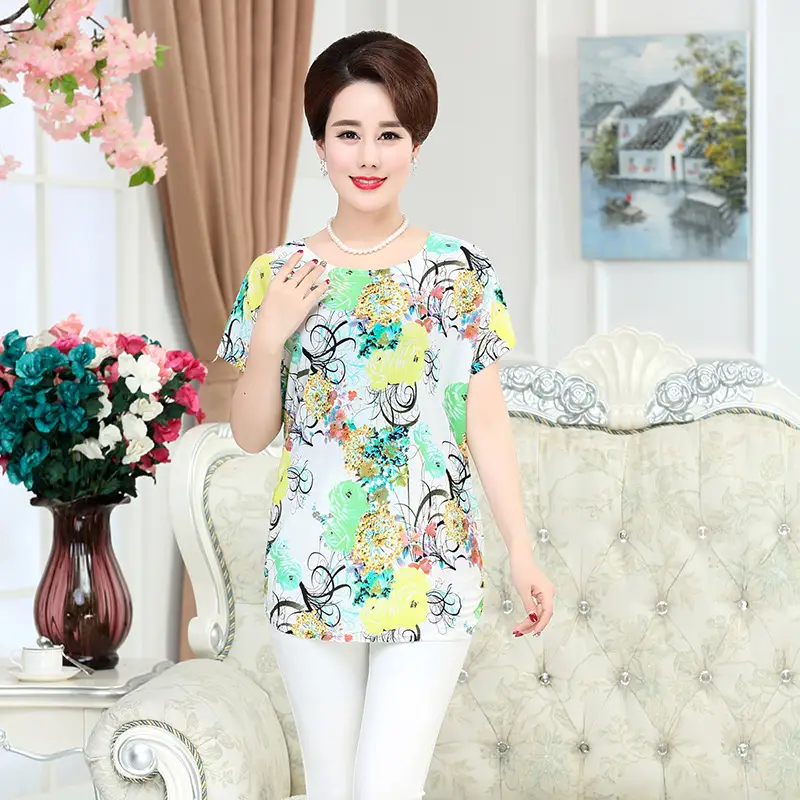 Ice Silk Cotton Floral T-Shirt for Women Summer Loose Fit