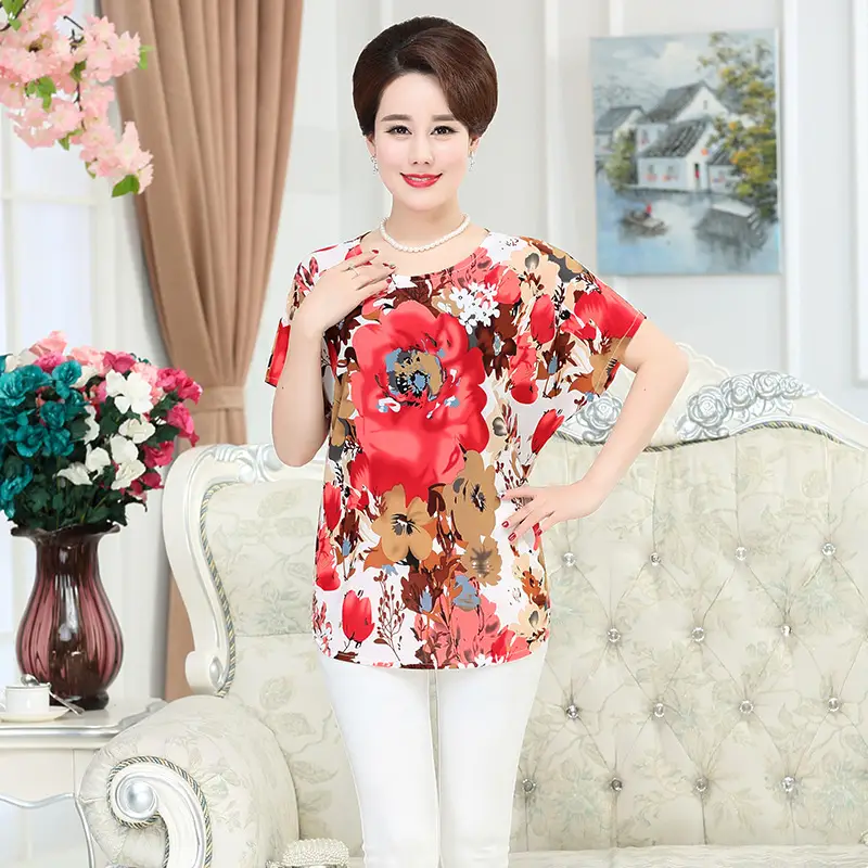 Ice Silk Cotton Floral T-Shirt for Women Summer Loose Fit