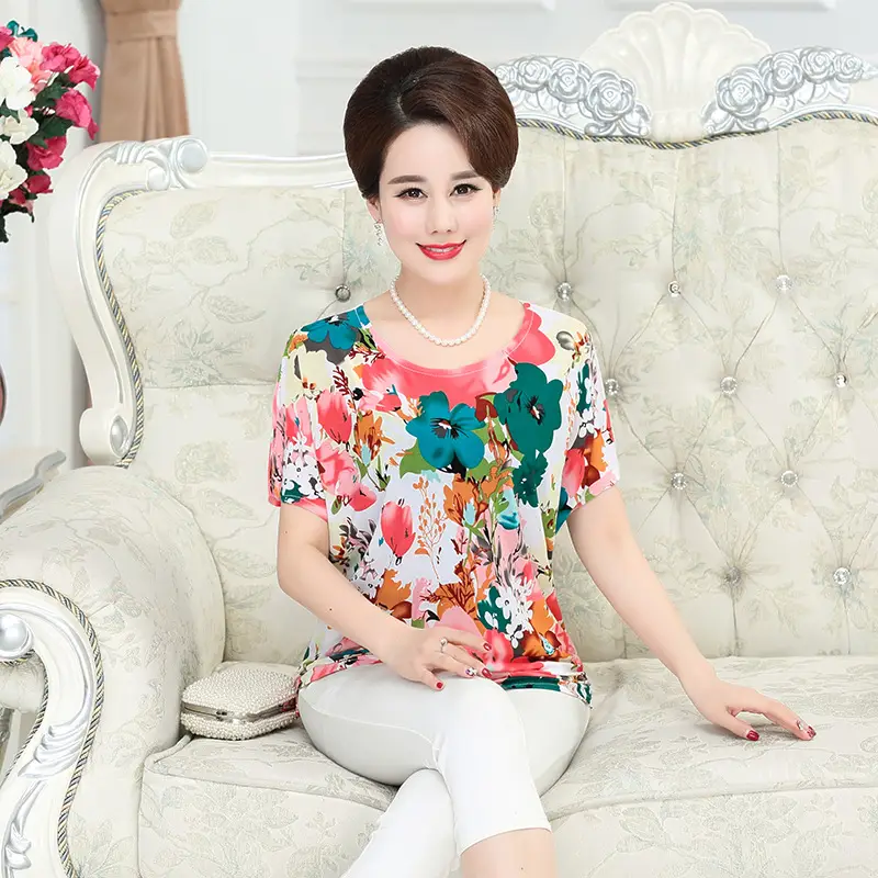 Ice Silk Cotton Floral T-Shirt for Women Summer Loose Fit
