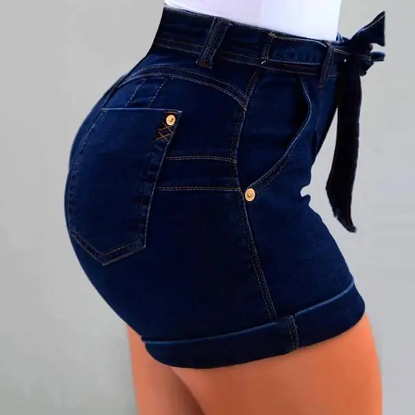 White Denim Shorts Belted Washable Micro Elastic 8 Size