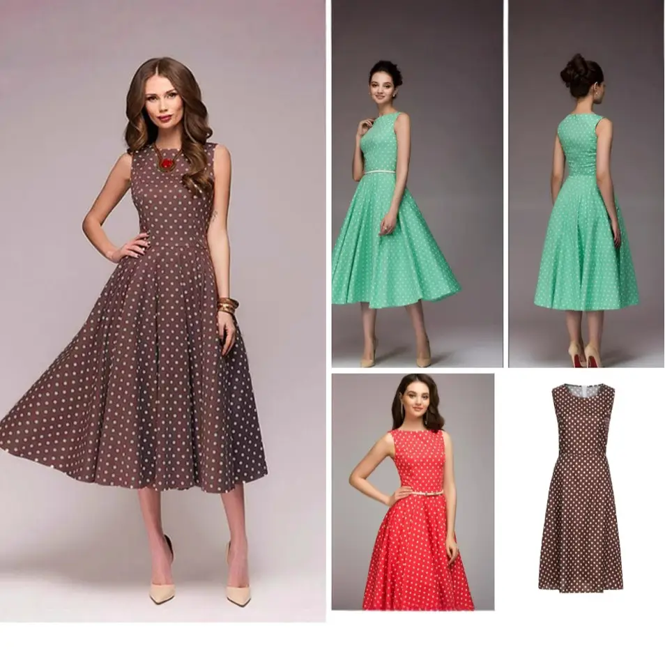Women's Brown Polka Dot Sleeveless Gown Dress