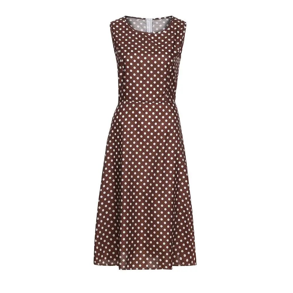 Women's Brown Polka Dot Sleeveless Gown Dress