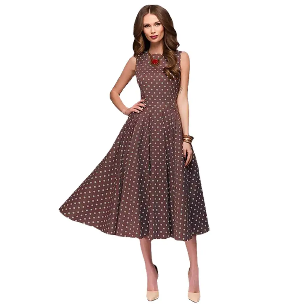 Women's Brown Polka Dot Sleeveless Gown Dress