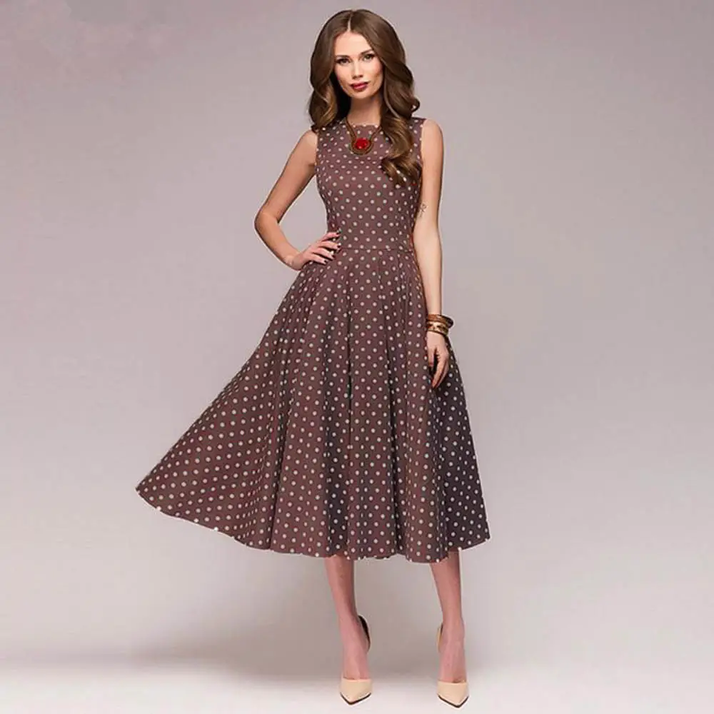 Women's Brown Polka Dot Sleeveless Gown Dress