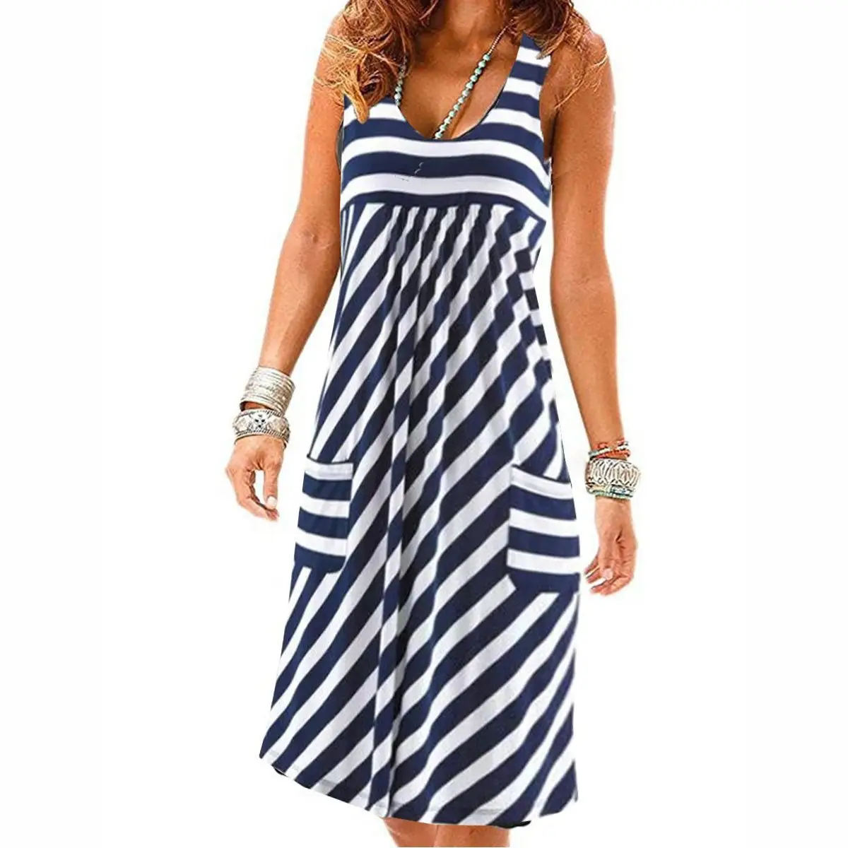 Women Striped Sleeveless Vest Skirt Dress Navy Pink - Image 6