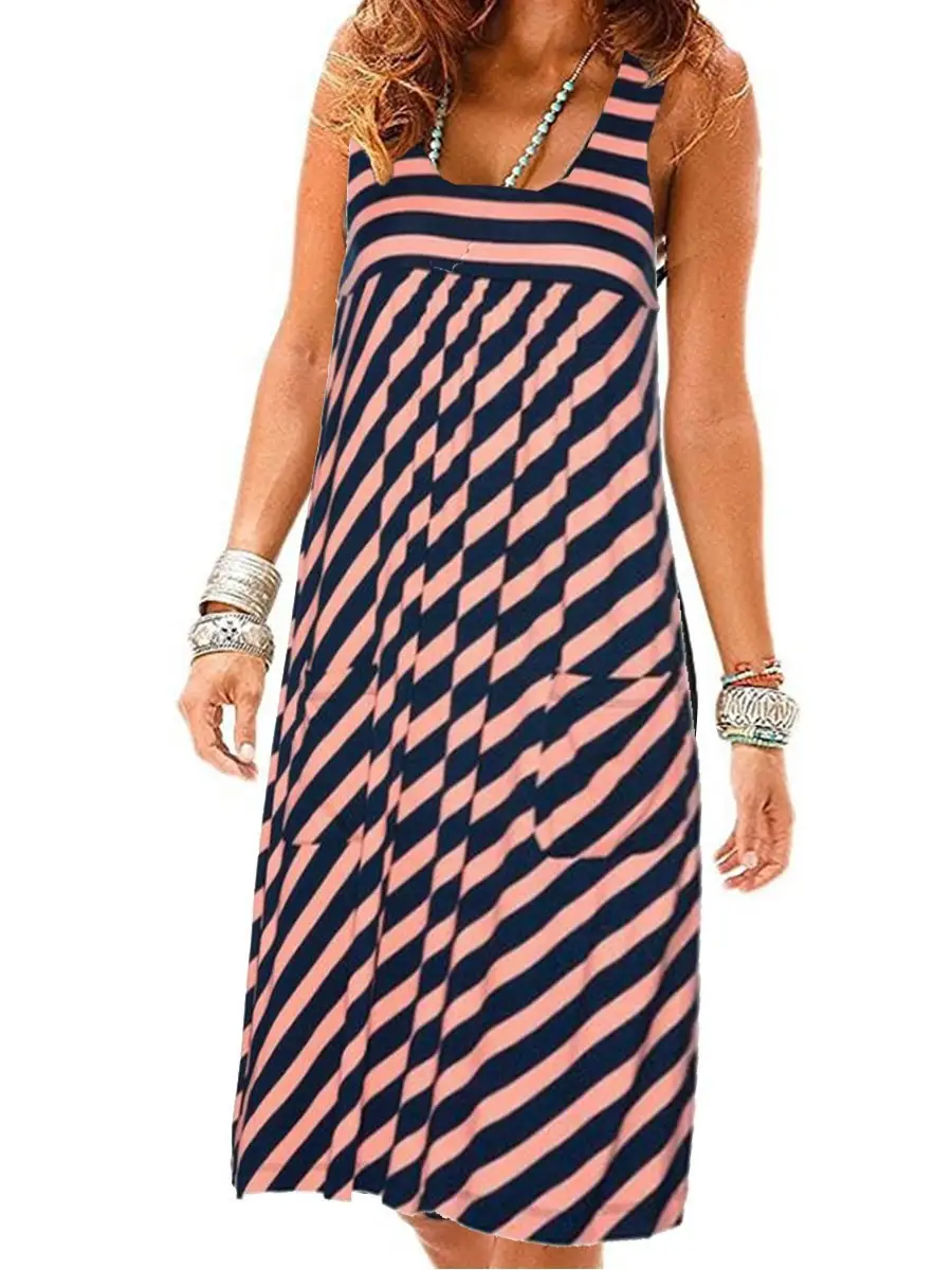 Women Striped Sleeveless Vest Skirt Dress Navy Pink - Image 7