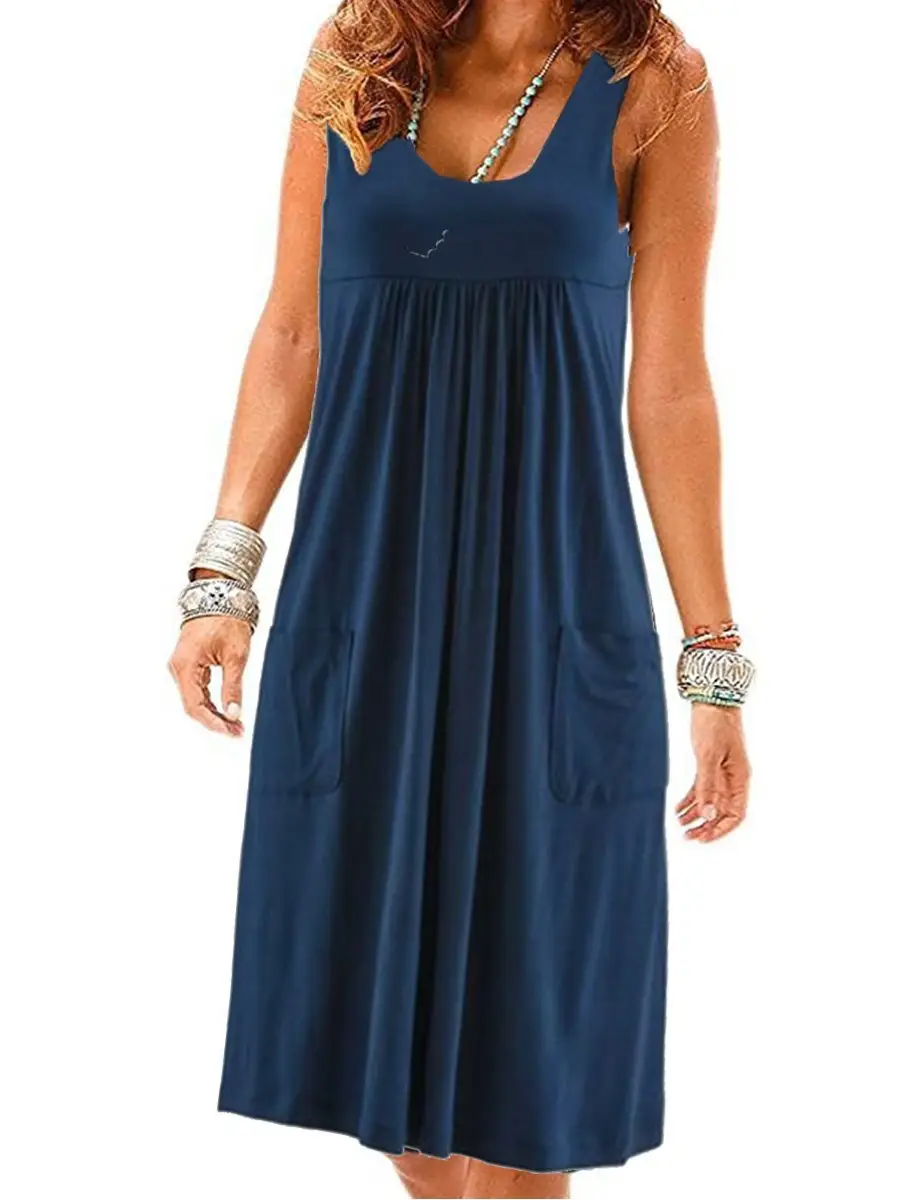 Women Striped Sleeveless Vest Skirt Dress Navy Pink - Image 8