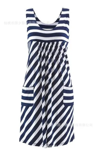 Women Striped Sleeveless Vest Skirt Dress Navy Pink - Image 3