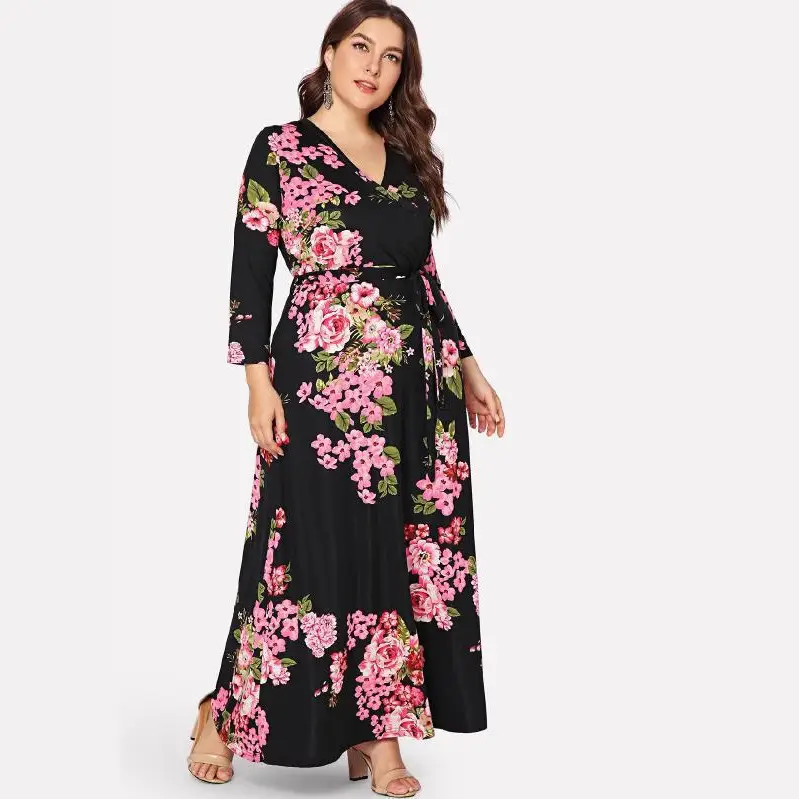 Black Floral Print Plus Size Women's Dress - Image 8