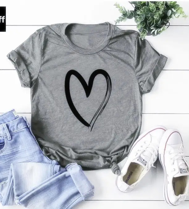 Gray Heart Print T-Shirt for Men Women Casual Wear - Image 2