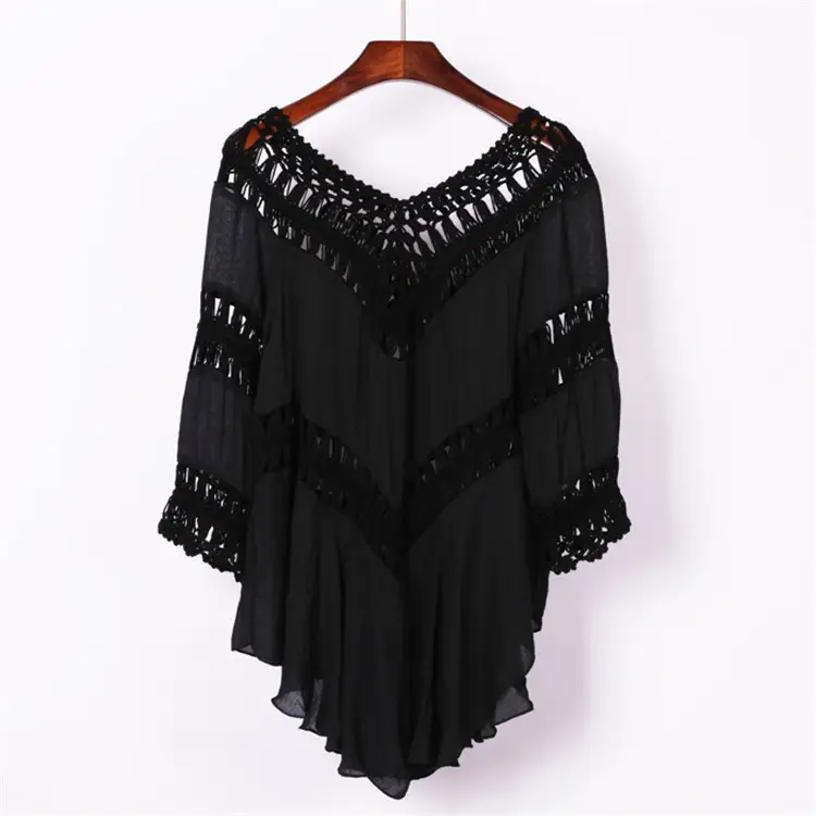 Beige Loose Sleeve Hollow Hand Hook Blouse - Image 2