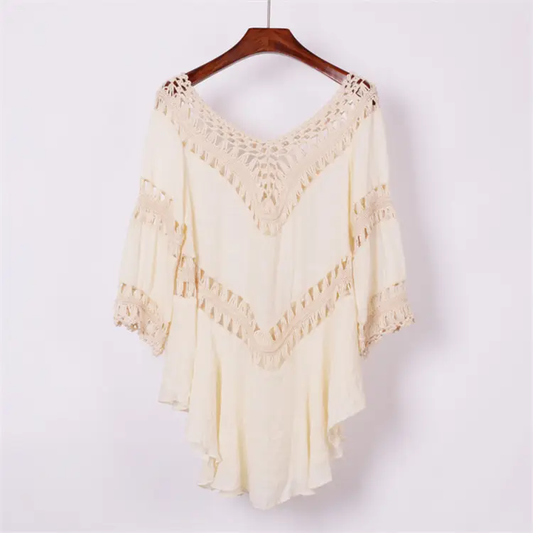Beige Loose Sleeve Hollow Hand Hook Blouse - Image 3