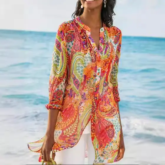 2020 Summer Women's Green Printed Long Shirt