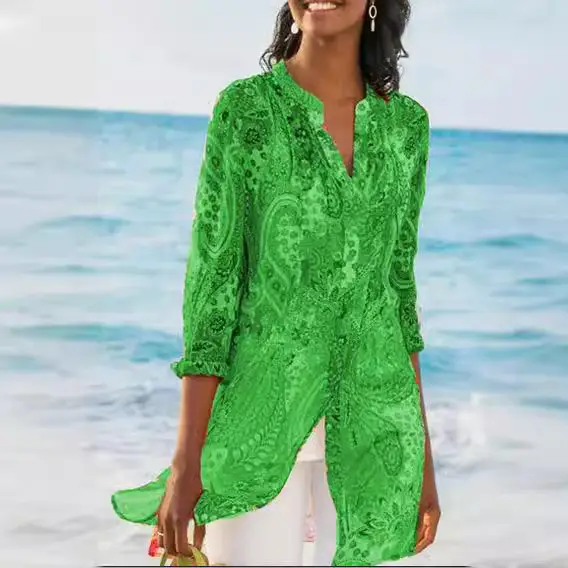 2020 Summer Women's Green Printed Long Shirt