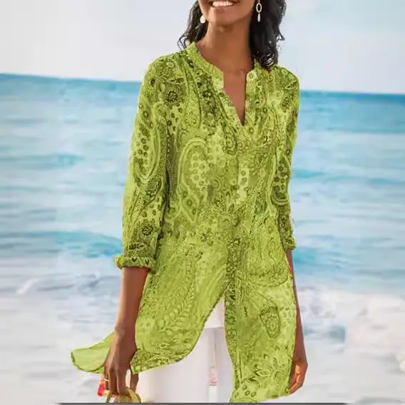 2020 Summer Women's Green Printed Long Shirt