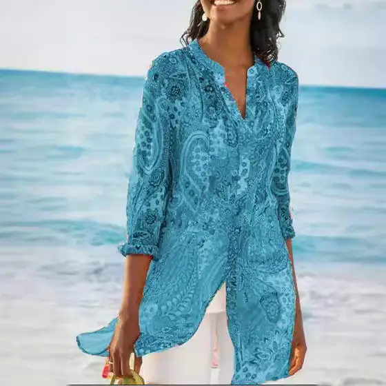 2020 Summer Women's Green Printed Long Shirt