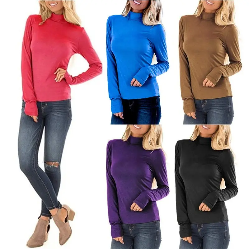 Women Blue Long Sleeve Turtleneck Top - Image 6