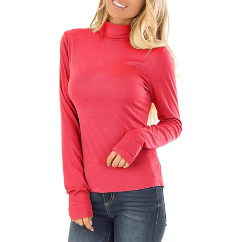 Women Blue Long Sleeve Turtleneck Top - Image 3