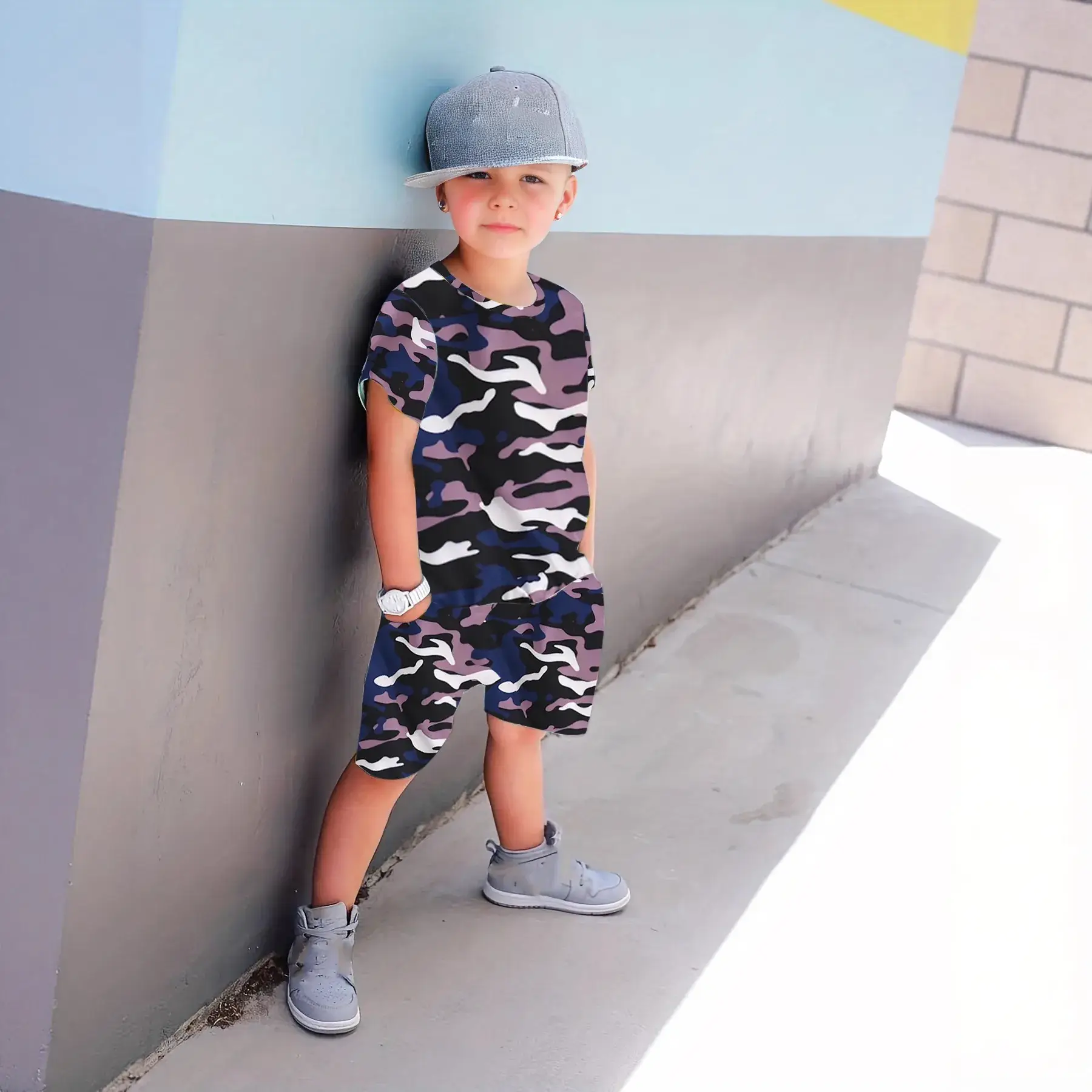 Summer Camo Kids Hoodie Shorts Set Ym008 - Image 2